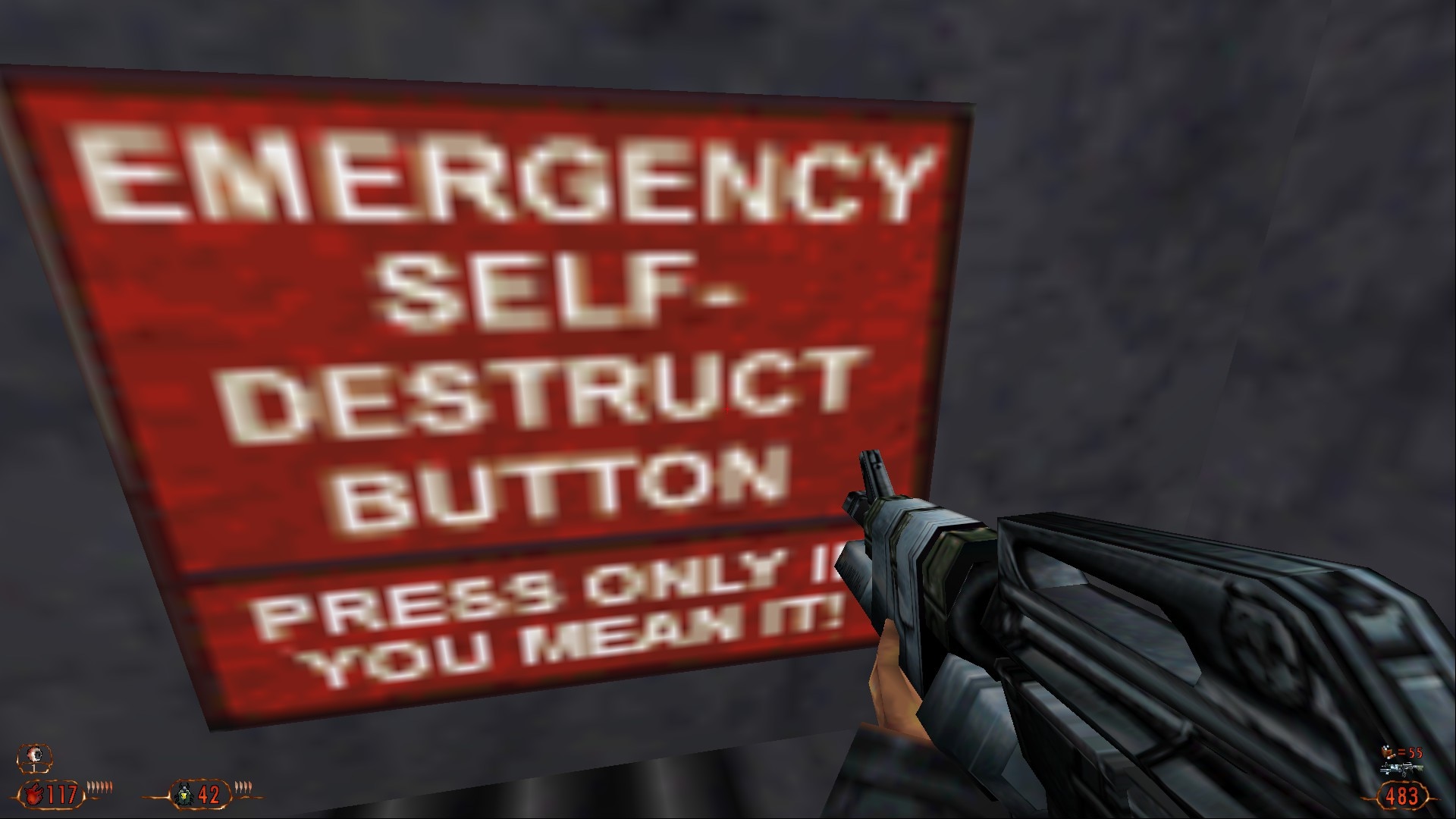 Cartel de Blood II: EMERGENCY SELF-DESTRUCT BUTTON — press only if you mean it