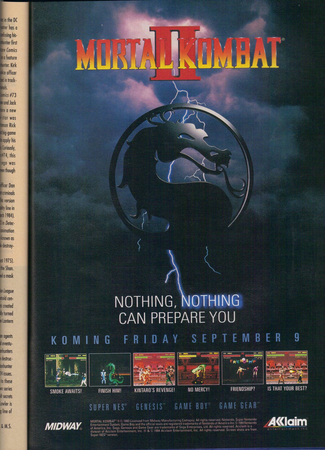 Aviso de revista de 1993 de Mortal Kombat II: Nothing, nothing can prepare you