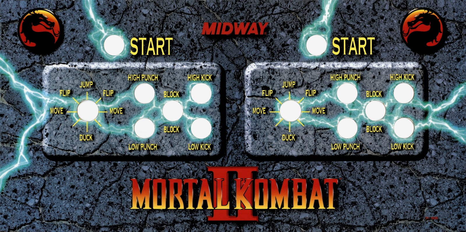 Panel de control original del gabinete: dos start, seis botones por jugador y el dragón de Midway