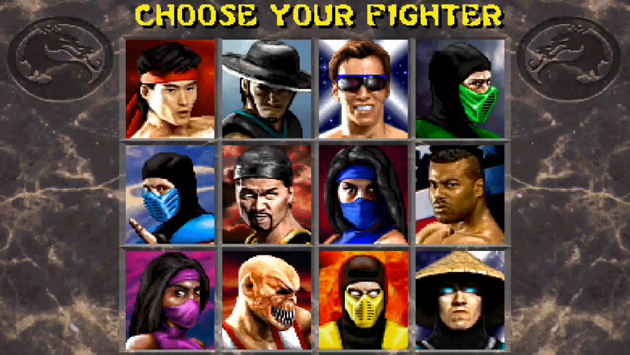 Pantalla de selección de Mortal Kombat II con los doce luchadores del plantel base