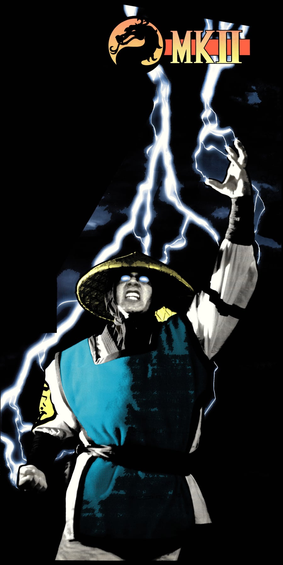 Side art del gabinete de Mortal Kombat II con Raiden invocando el rayo