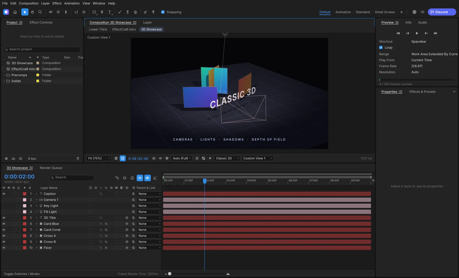 EffectCraft con cámaras, luces y sombras suaves en un espacio 3D