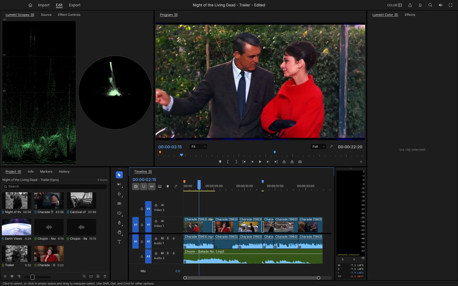 FilmCraft con su línea de tiempo multipista, monitor de reproducción y herramientas de color