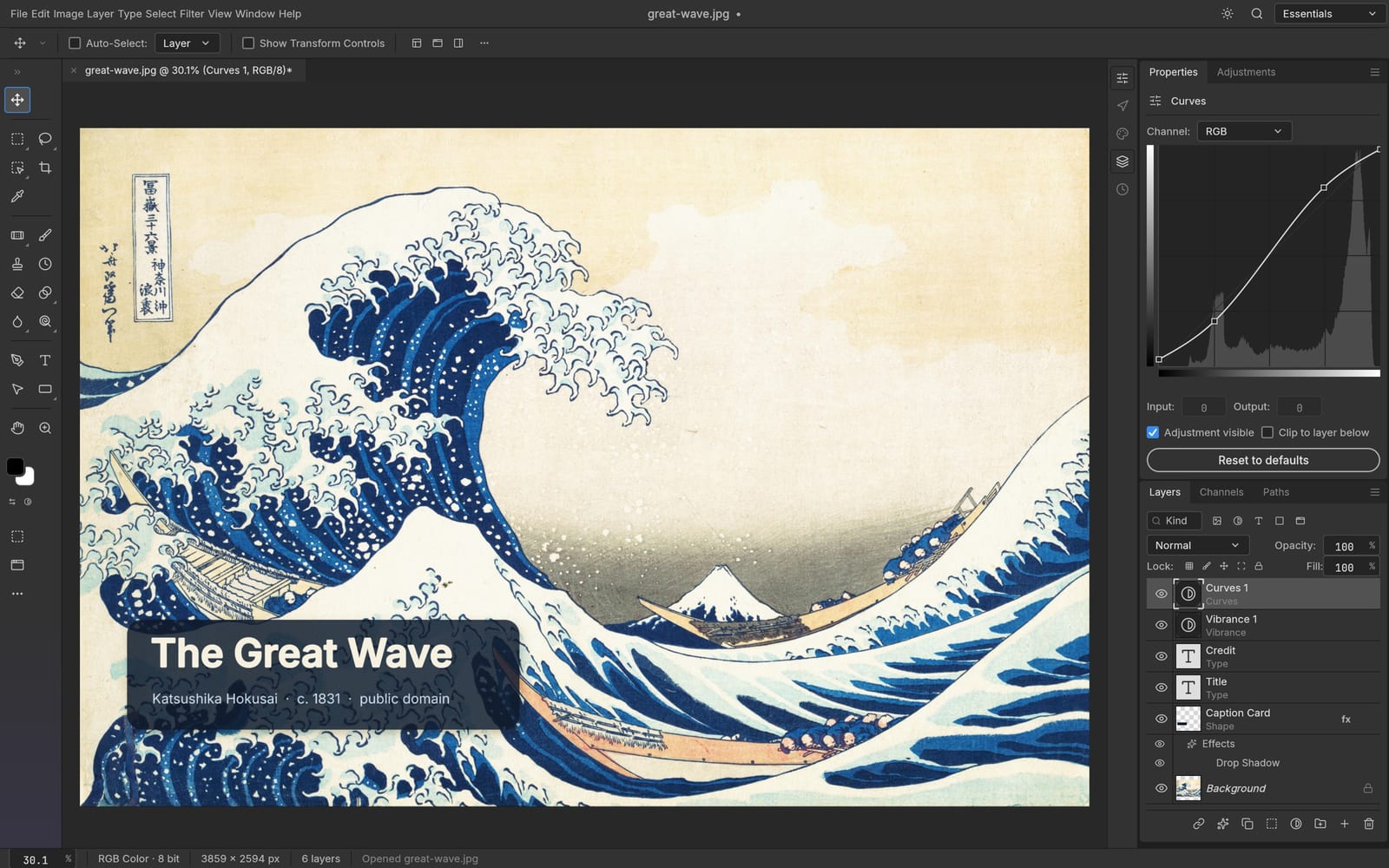 PhotoCraft, el editor de imágenes de ArtCraft, con capas y ajustes sobre La gran ola de Kanagawa
