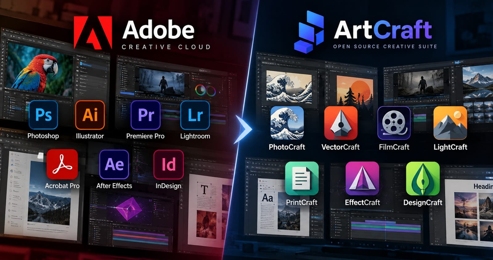 Las siete aplicaciones de ArtCraft cubriendo los terrenos de Photoshop, Illustrator, Premiere, Lightroom, Acrobat, After Effects e InDesign