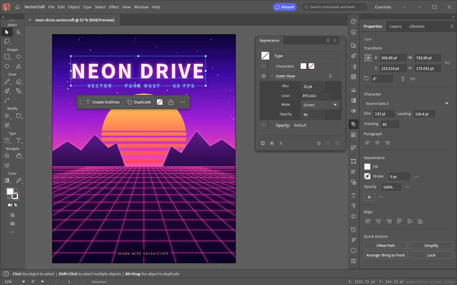 VectorCraft trabajando sobre una ilustración synthwave con el texto Neon Drive